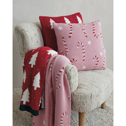 Square Cotton Knit Pillow with Tree & Heart