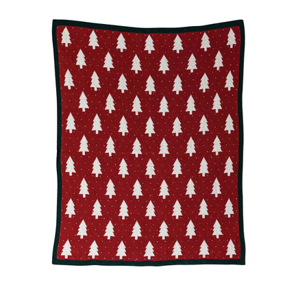 Cotton Knit Throw with Tree & Heart Pattern, Red