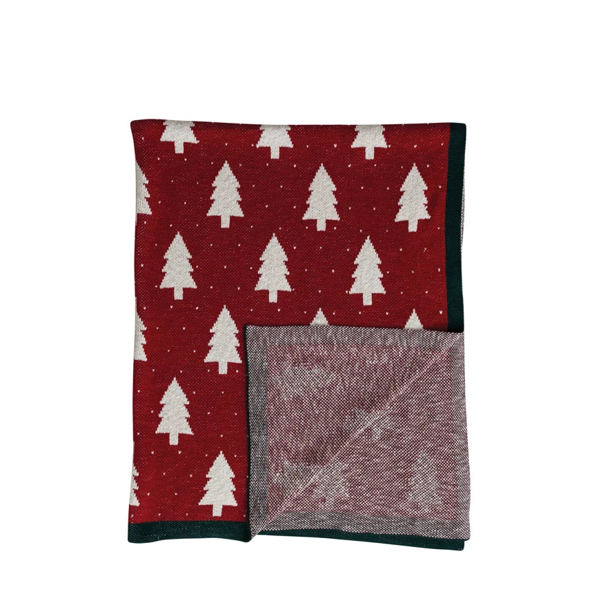 Cotton Knit Throw with Tree & Heart Pattern, Red