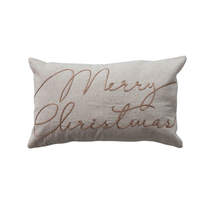Cotton & Linen Lumbar Pillow with Embroidered "Merry Christmas",