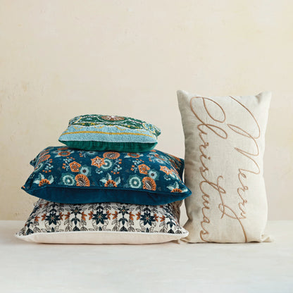 Cotton & Linen Lumbar Pillow with Embroidered "Merry Christmas",