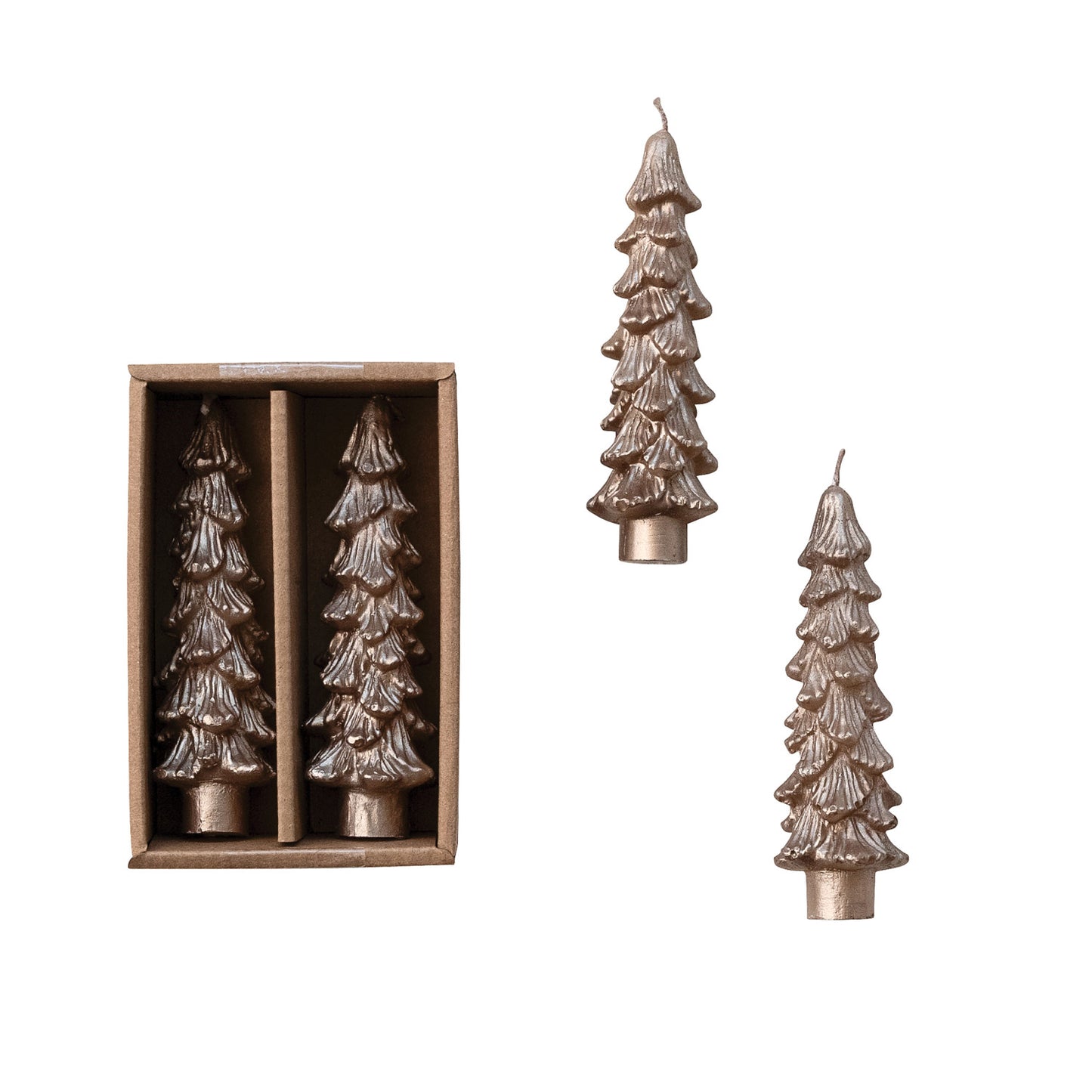 Unscented Tree Shaped Taper Candles in Box, Champagne Color, Set of 2