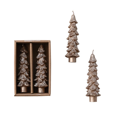 Unscented Tree Shaped Taper Candles in Box, Champagne Color, Set of 2
