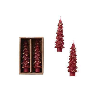 Unscented Tree Shaped Taper Candles with Gold Tips in Box, Burgundy, Set of 2