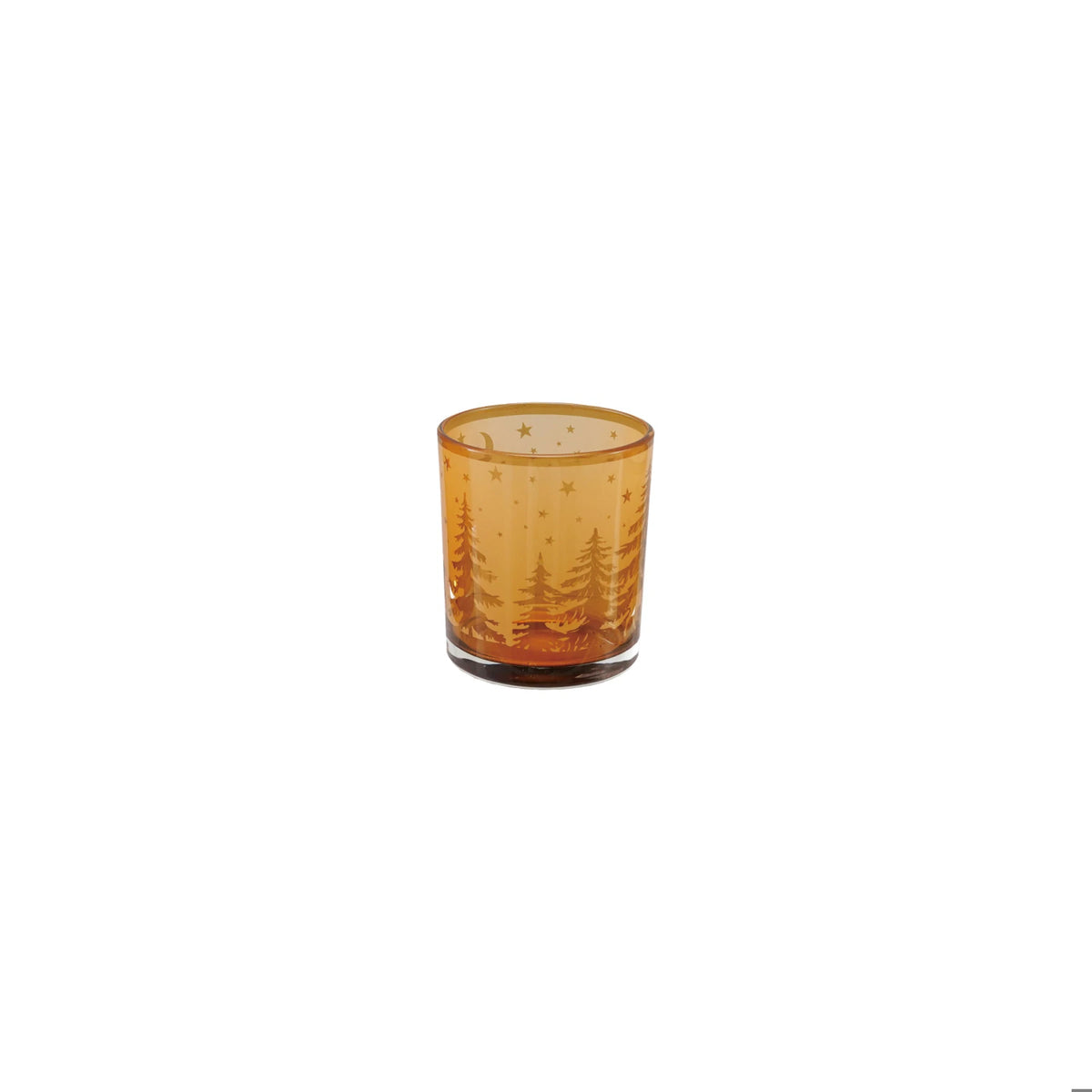 Lg Glass Tealight/Votive Holder with Laser Etched Deer & Trees, Amber Color