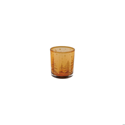 Lg Glass Tealight/Votive Holder with Laser Etched Deer & Trees, Amber Color