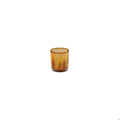 sm Glass Tealight/Votive Holder with Laser Etched Deer & Trees, Amber Color.