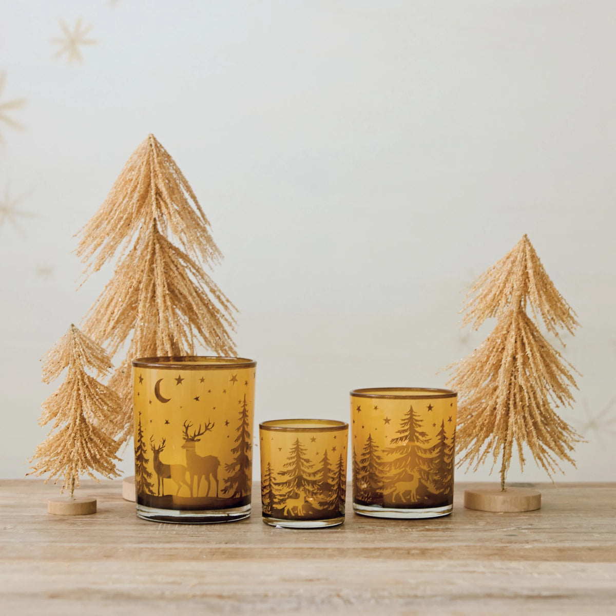 sm Glass Tealight/Votive Holder with Laser Etched Deer & Trees, Amber Color.