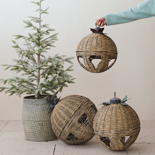 Oversized Hand-Woven Rattan Bell with Metal Leaves, Natural, KD
