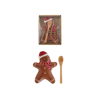 Ceramic Gingerbread Cookie Shaped Dish with Bamboo Spoon Tied with Jute, Boxed Set of 2