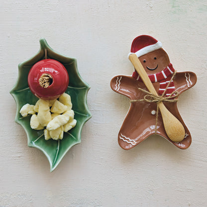 Ceramic Gingerbread Cookie Shaped Dish with Bamboo Spoon Tied with Jute, Boxed Set of 2