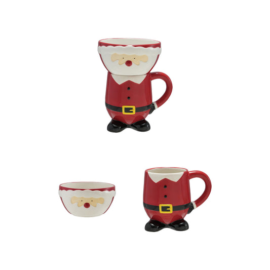 18 oz. Hand-Painted Ceramic Santa Shaped Mug & Stackable Bowl, Set of 2