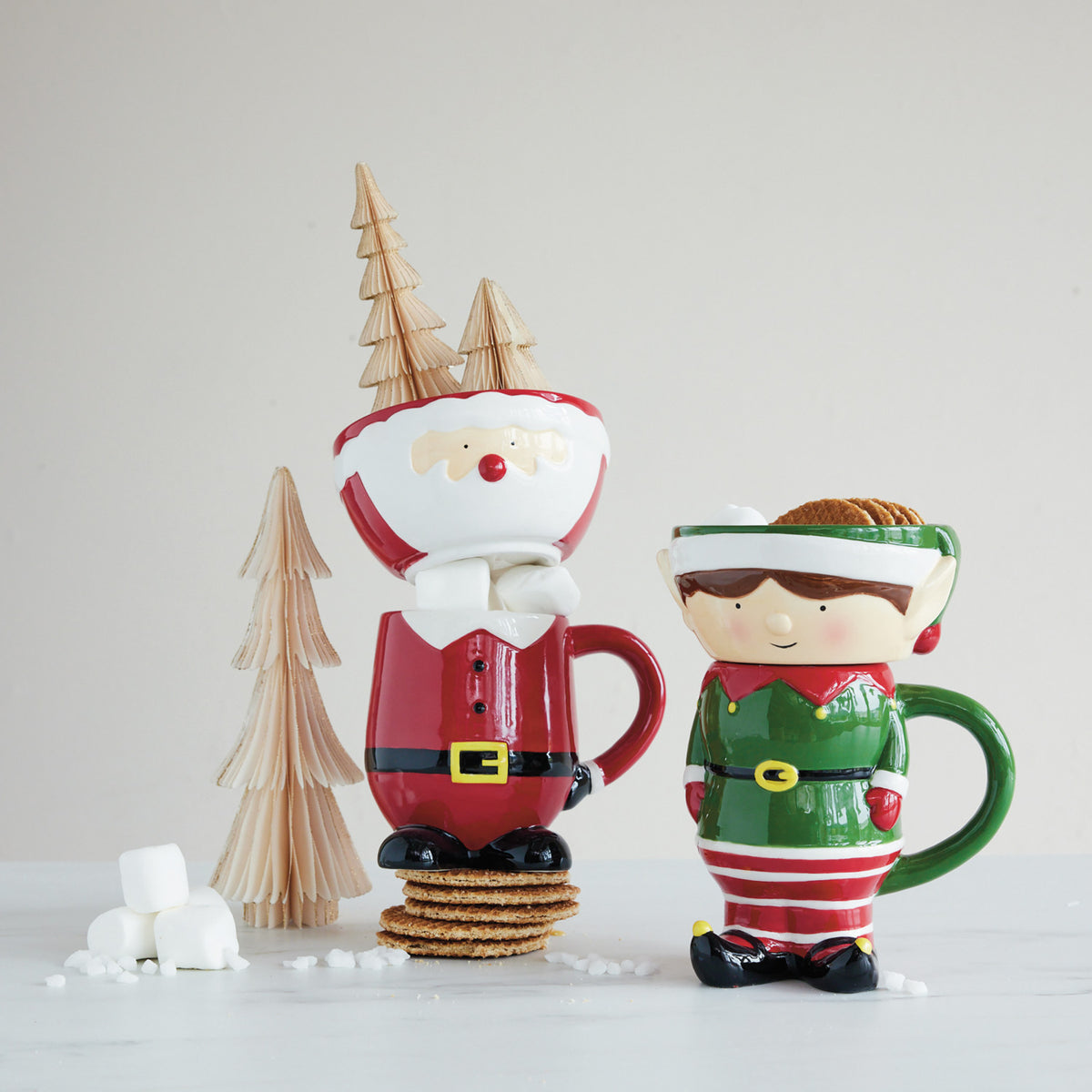 18 oz. Hand-Painted Ceramic Santa Shaped Mug & Stackable Bowl, Set of 2