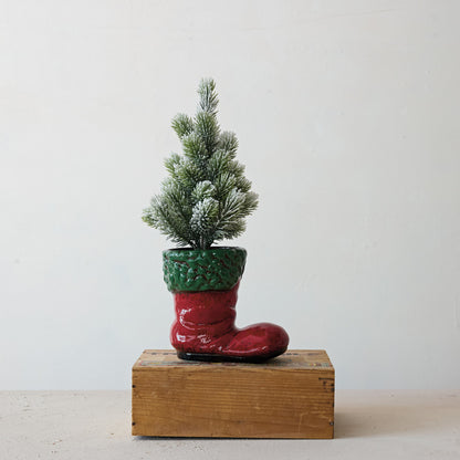Hand-Painted Ceramic Santa Boot Shaped Container, Red & Green